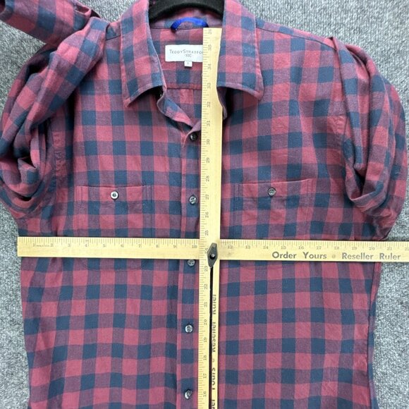 Teddy‎ Stratford Shirt Mens 3 M/L Maroon Blue Zip Button Up Check Cotton Pockets - Picture 10 of 16